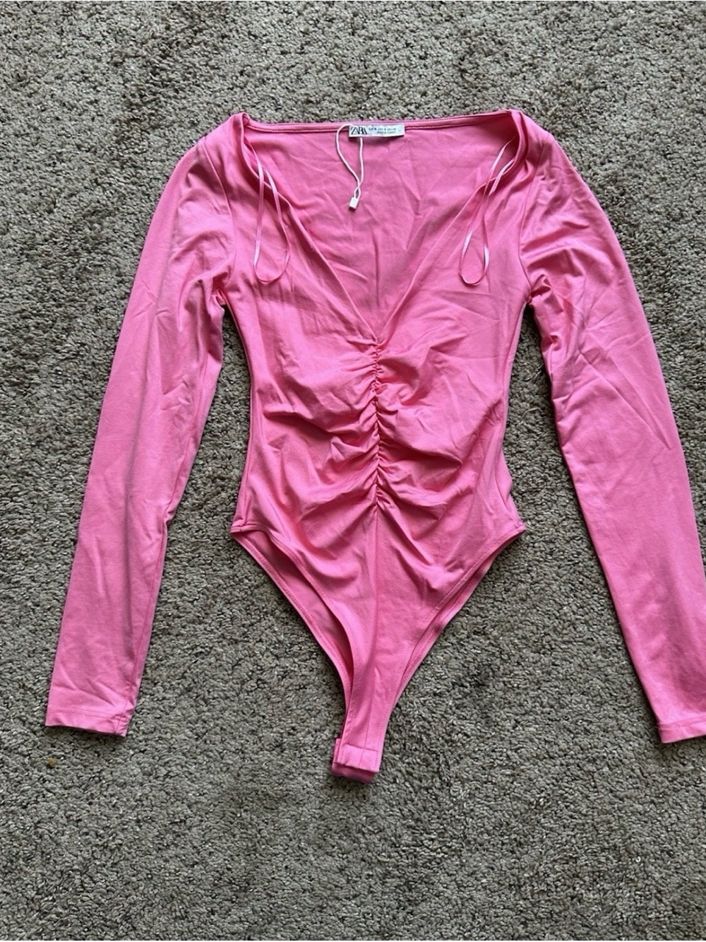 Zara Pink Long-Sleeve Ruched V-Neck Bodysuit